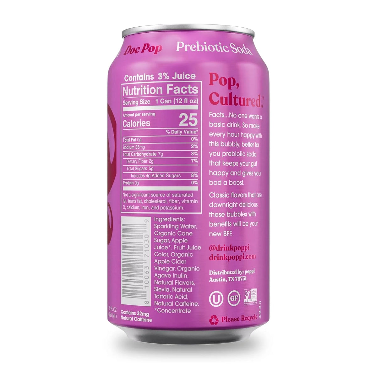POPPI Sparkling Prebiotic Doc Pop Soda, 12oz, 12 Pack