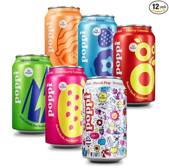Poppi Sparkling Prebiotic Soda Beverage with Apple Cider Vinegar, Seltzer Water and Fruit Juice, New Obsessions Variety Pack, 12 Fl Oz, Pack of 12, Packaging May Vary