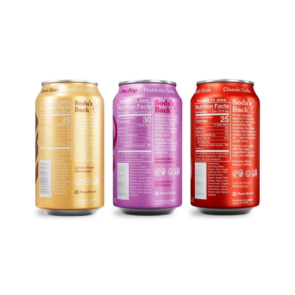 POPPI Sparkling Prebiotic Soda, Gut Health & Immunity Benefits, Beverages with Apple Cider Vinegar, Seltzer Water & Cola Flavors, Classics Variety Pack, 12oz (12 Pack) (Packaging May Vary)