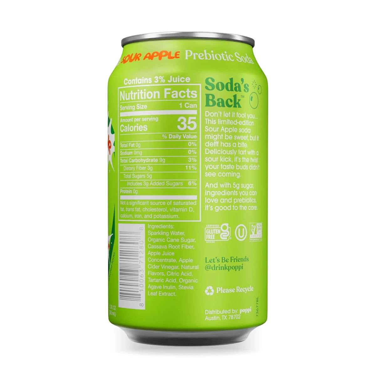 Poppi Prebiotic Soda, Sour Apple, 12 Oz, 12 Pack