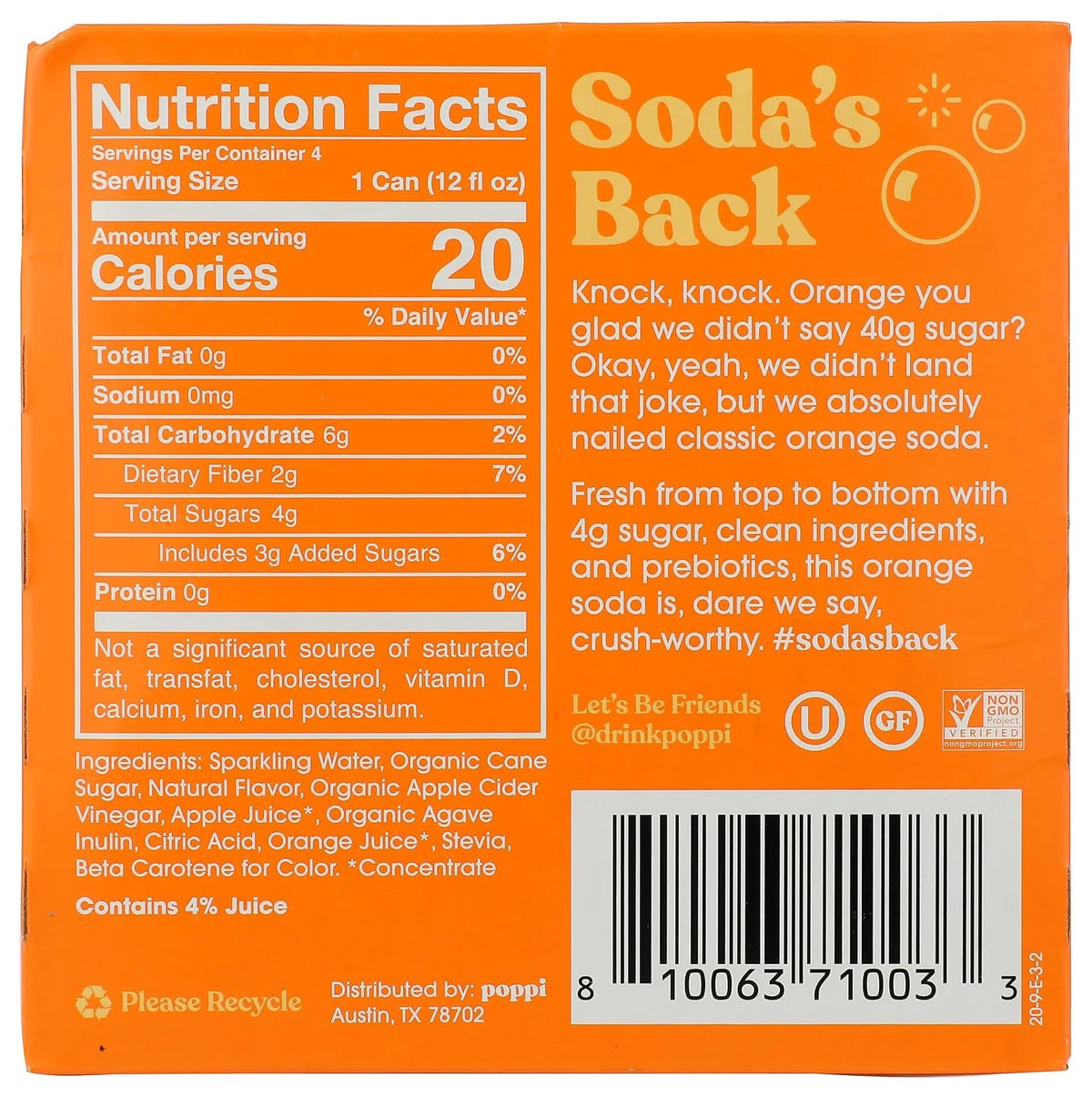 Poppi Orange Prebiotic Soda 4 pack